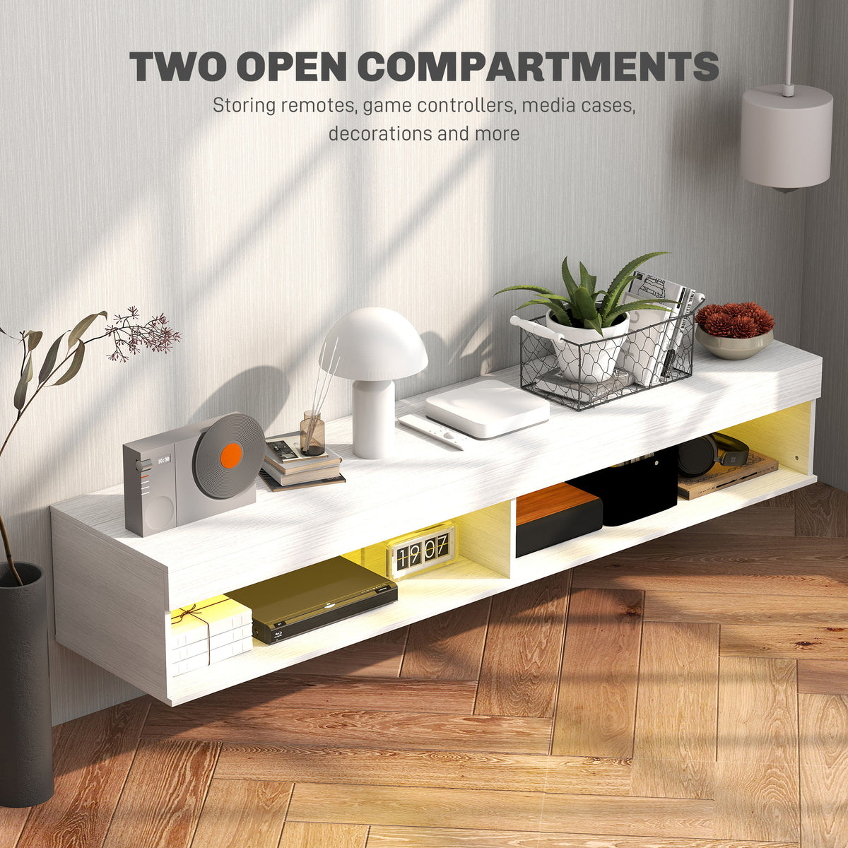 Modern Wall Mounted TV Stand with Storage and LED Lights for TVs up to 75", Floating TV Shelf for Living Room, Black