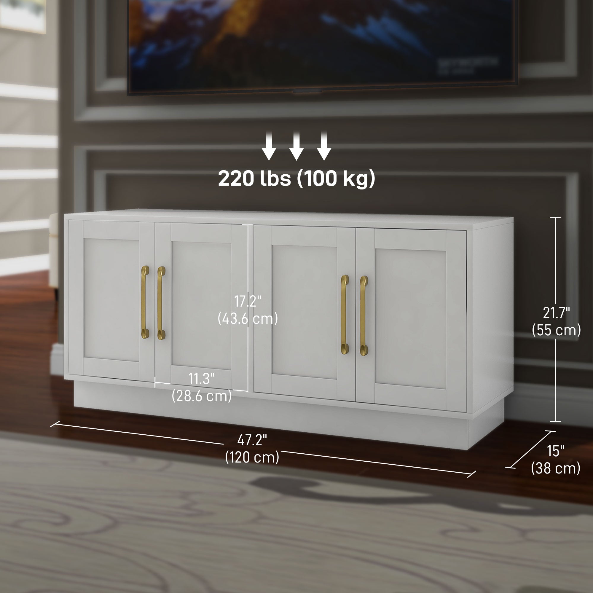 Modern TV Stand for up to 55" TV, TV Cabinet with 4 Soft Hinged Doors, 4 Cable Holes and 2 Adjustable Shelves, White