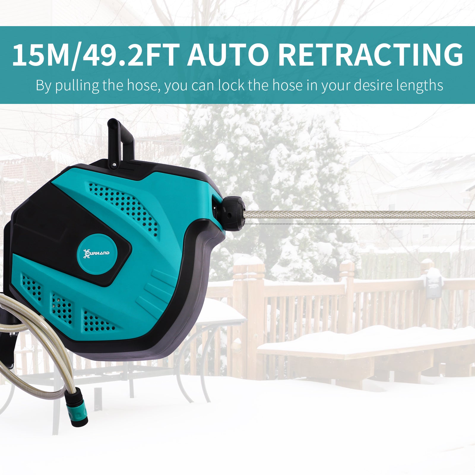 Retractable Garden Hose Reel 1/2" x 49 ft Wall Mounted with Automatic Rewind, 180° Swivel Bracket, Any Length Lock, 7 Pattern Hose Nozzle