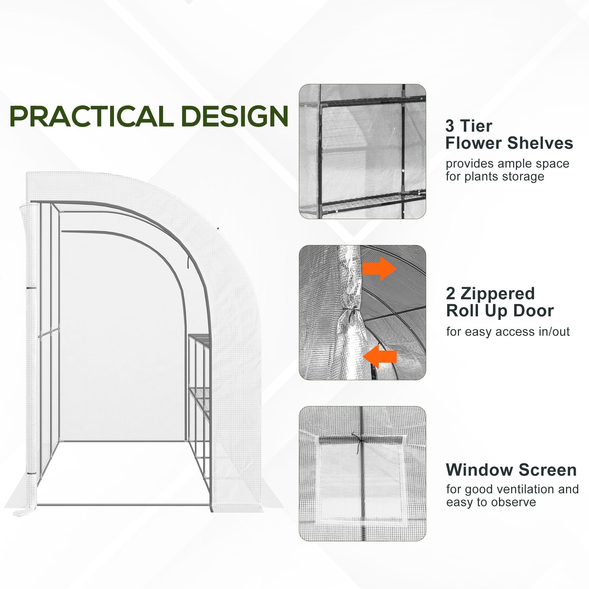 دفيئة زراعية خارجية من نوع Lean-to مع نوافذ وبابين بسحاب، مقاس 10' x 5' x 7'، لون أبيض
