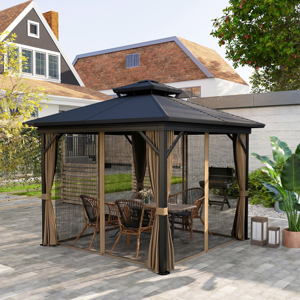 10' x 10' Hardtop Gazebo, Sun Shelter with Double Tier Metal Roof, Mosquito Netting, and Hanging Hook, Dark Brown