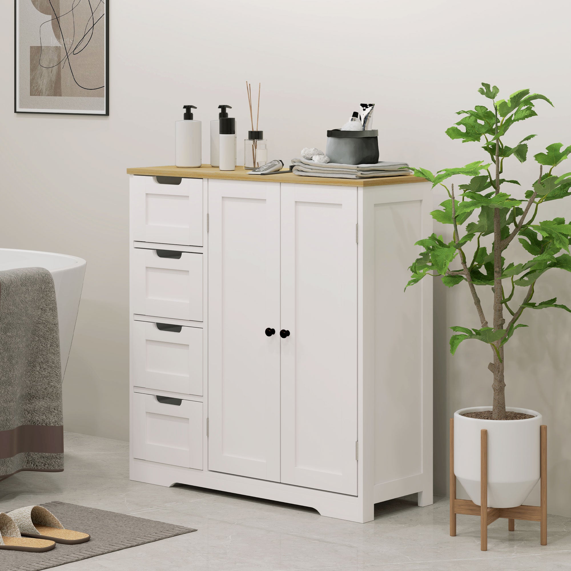 Freestanding Bathroom Floor Cabinet, Modern Bathroom Cabinet with Adjustable Shelf, 4 Drawers and 2 Doors, White