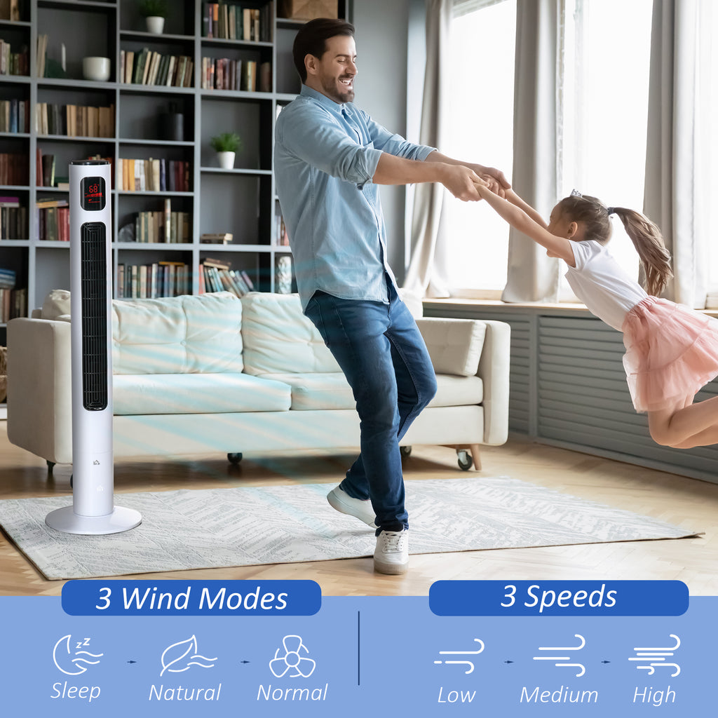 Freestanding Tower Fan Cooling for Home Bedroom with Oscillating, 3 Speed, 12h Timer, LED Sensor Panel, Remote Controller, White