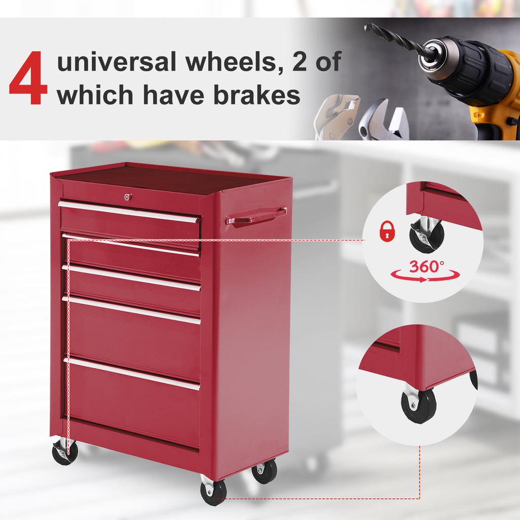 5-Drawer Rolling Tool Cabinet on Wheels, Lockable Tool Chest, Tool Organizer for Garage, Factory and Workshop, Black