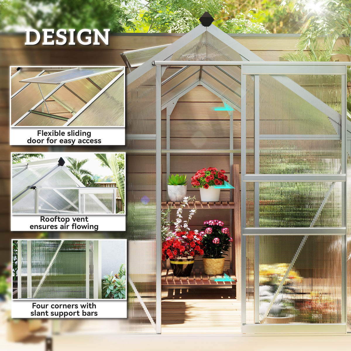6' x 4' x 6.6' Polycarbonate Greenhouse, Walk-In Green House Kit Garden, Plants Grow, Galvanized Sheet Aluminum Frame with Rain Gutter, Vent and Sliding Door, Silver