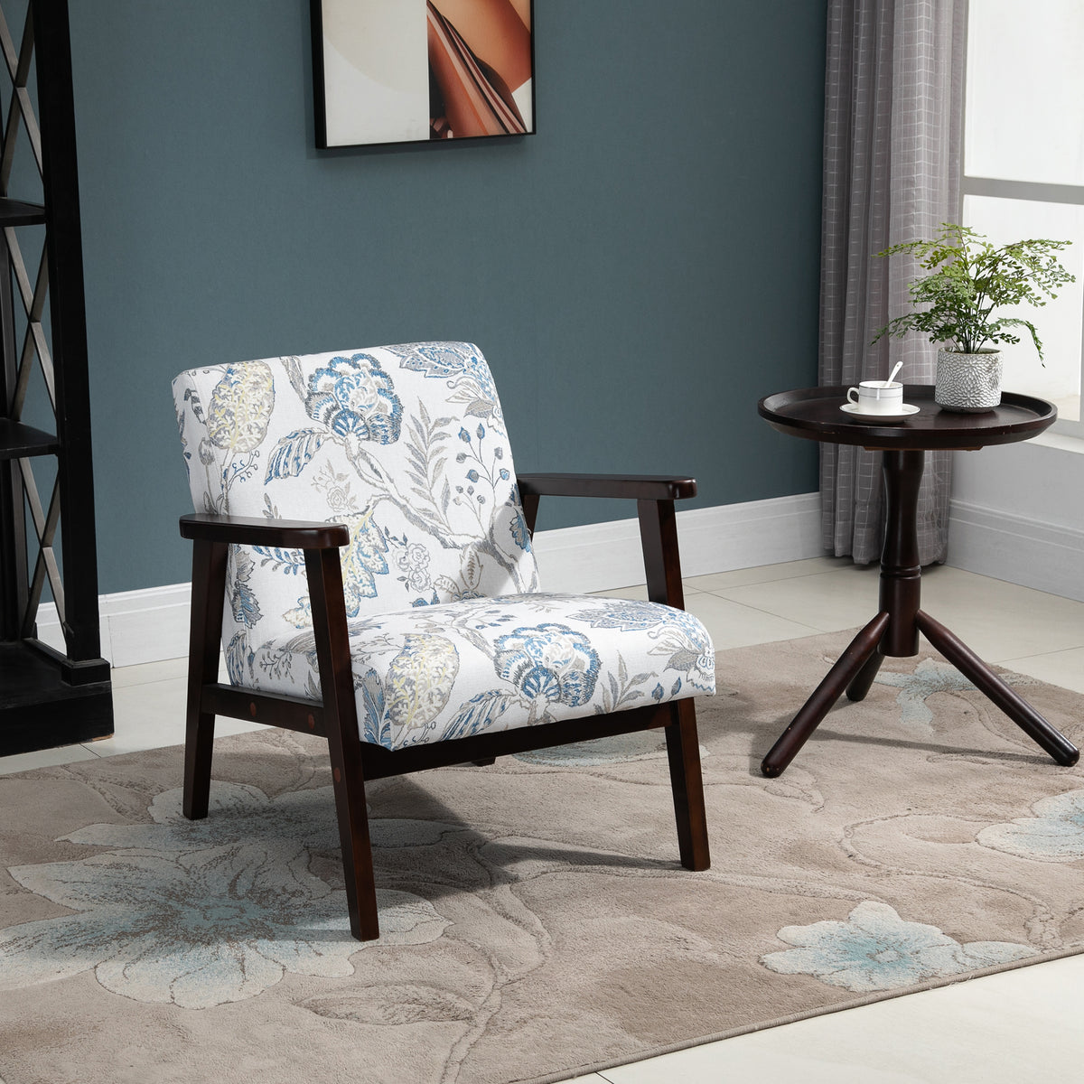Mid-Century Modern Accent Chair Retro Fabric Armchair Wooden Arm Upholstered Lounge Chair for Living Room Floral