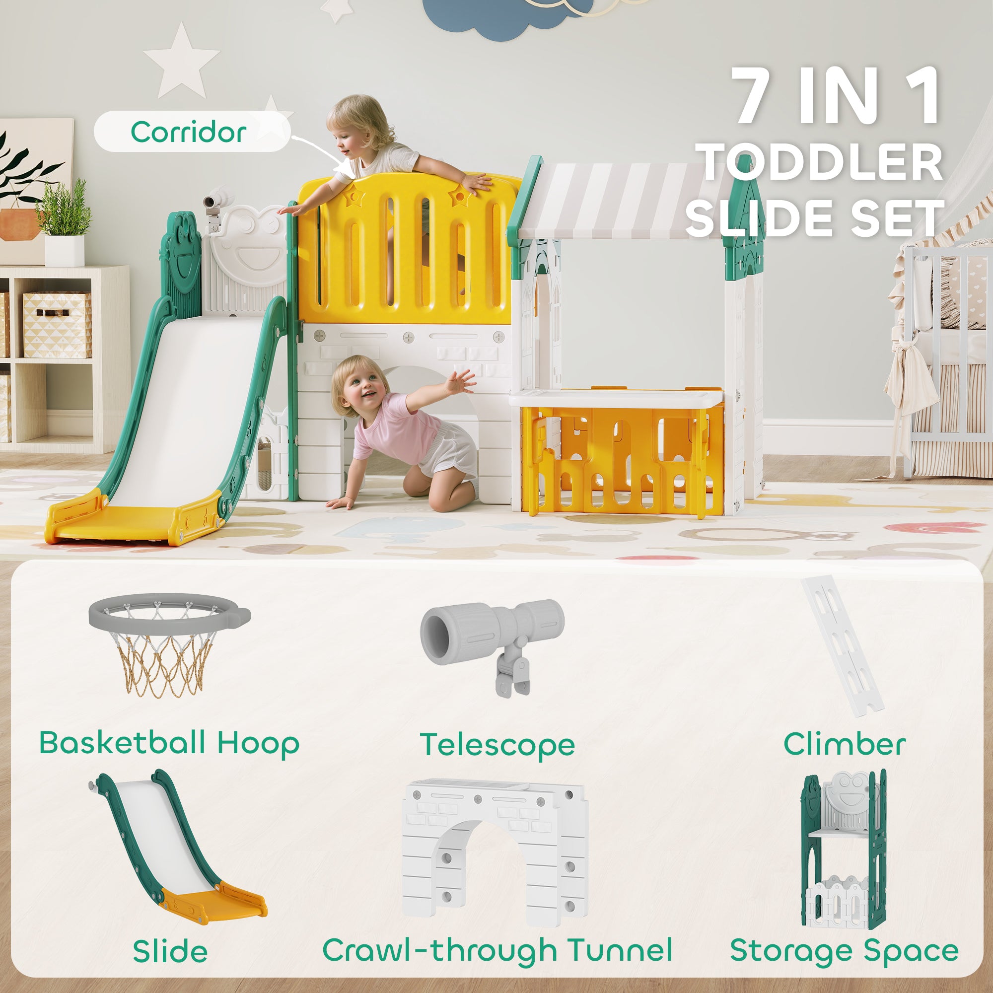 Qaba 7-in-1 Toddler Slide, Kids Slide Climber Playset with Playhouse and Basketball Hoop for 1-4 Years, Yellow