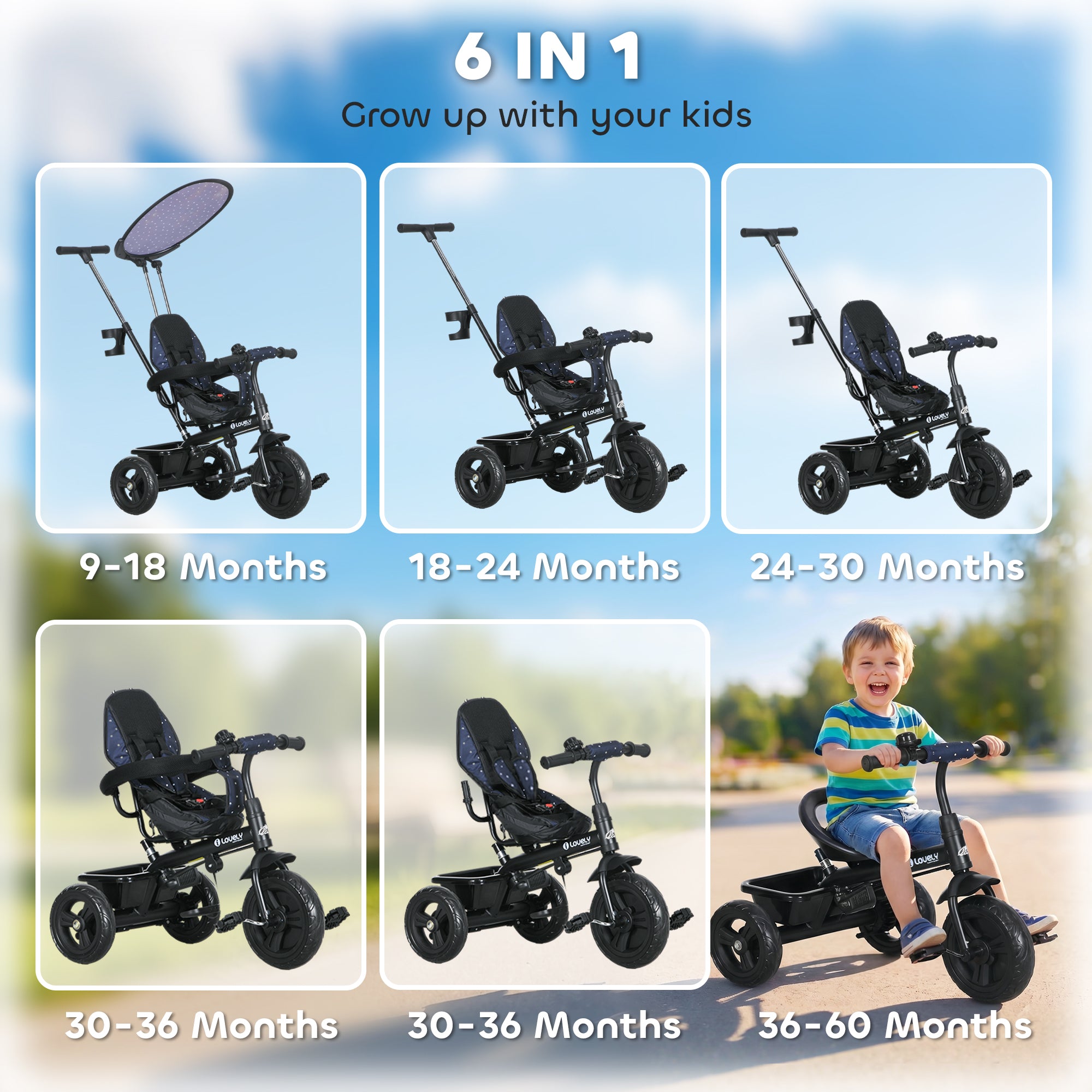 Qaba 6 in 1 Kids Tricycle with Removable Handlebar and Canopy, Navy Blue