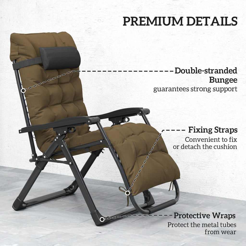 Folding Garden Chair, Reclining Zero Gravity Chair, Sun Lounger with Cushion and Headrest, Khaki