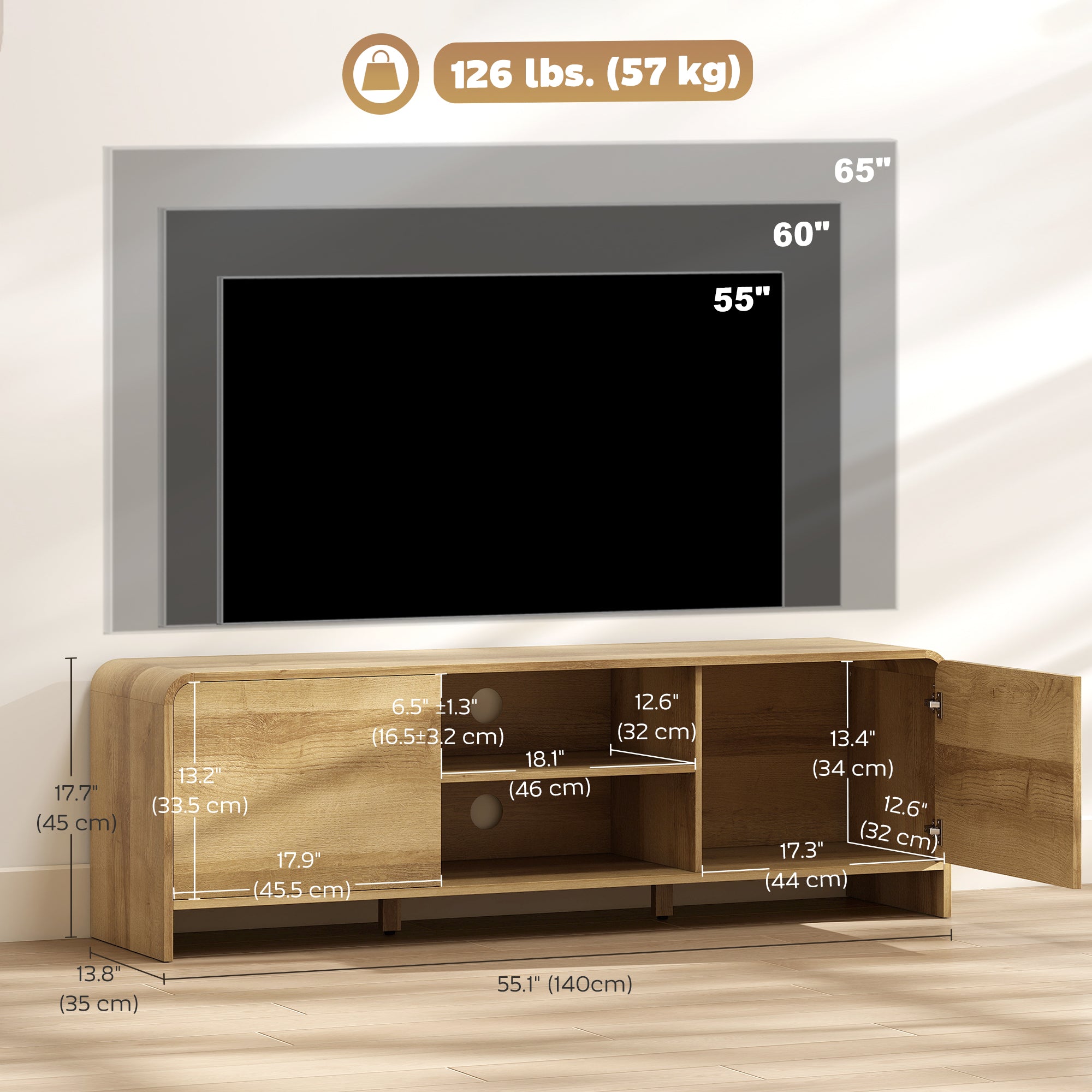ንክሳ 65 ኢንች ቲቪ ዝሕዝ ቲቪ ስታንድ፣ ናይ ስሜን መዘናግዒ ማእከል ምስ 2 ካቢኔታትን 2 ክፍት መደርደሪታትን ንእንዳ መነባብሪ፣ ተፈጥሮኣዊ