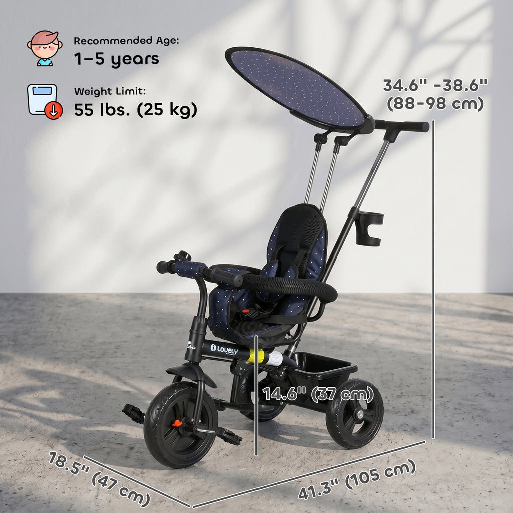 Qaba 6 in 1 Kids Tricycle with Removable Handlebar and Canopy, Navy Blue