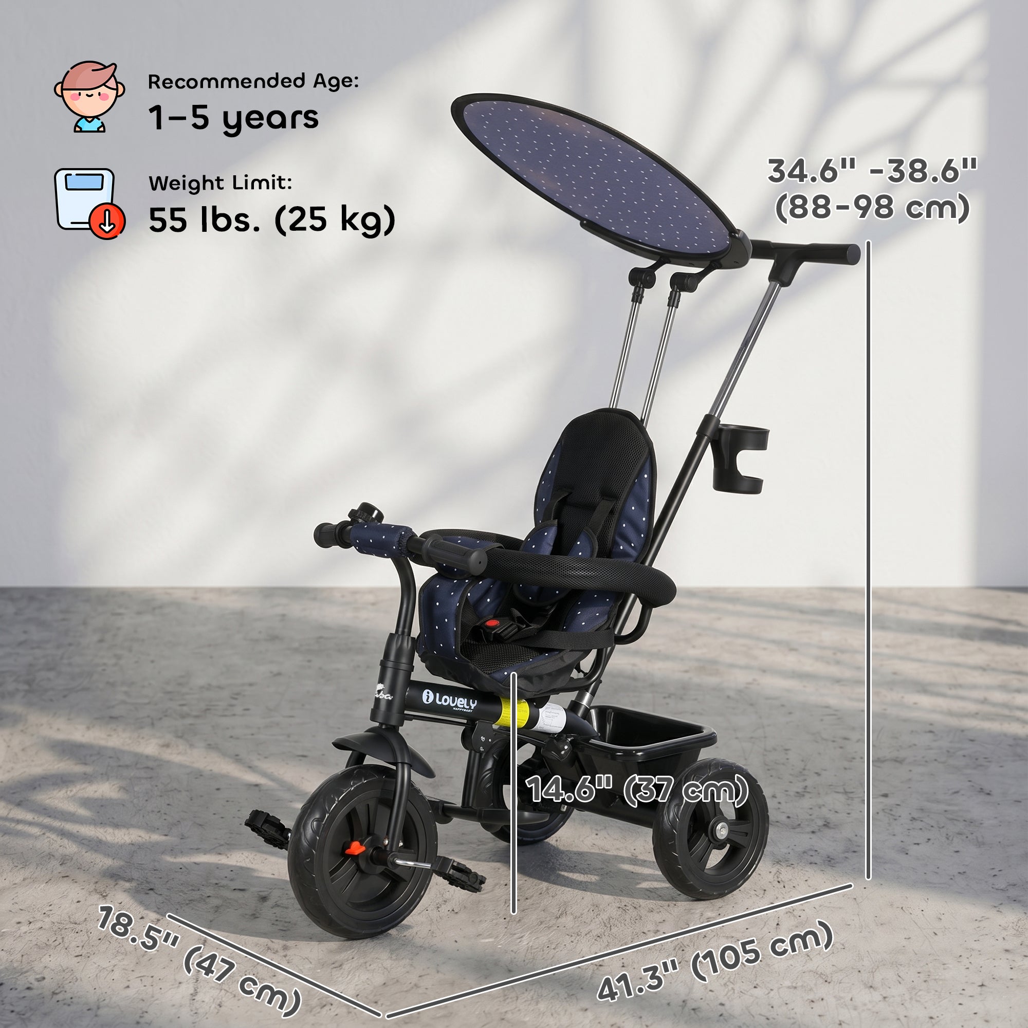 Qaba 6 in 1 Kids Tricycle with Removable Handlebar and Canopy, Navy Blue