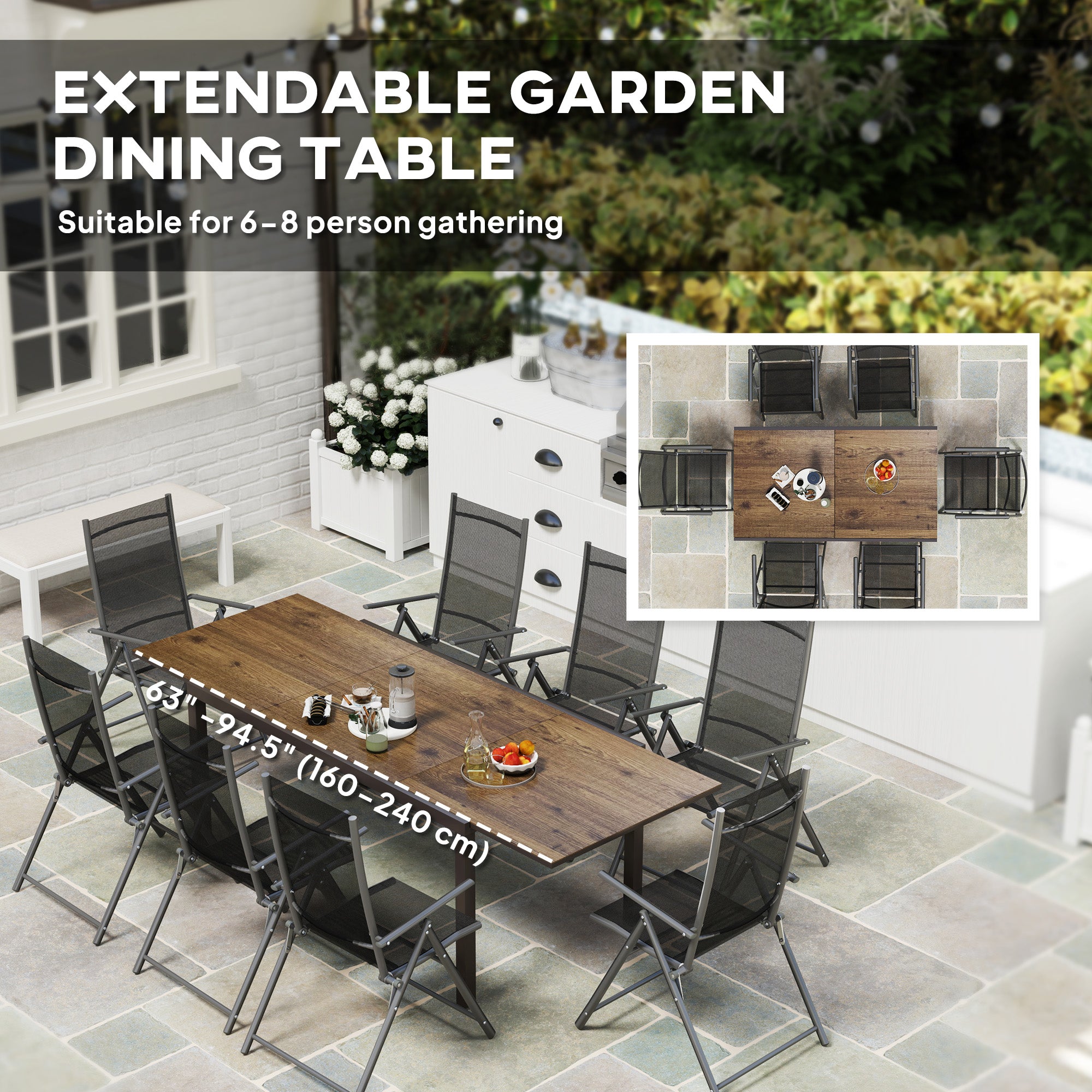 63"-94.5" Extendable Patio Dining Table for 6-8 Person, Outdoor Dining Table with Aluminium Edging, Steel Frame, Brown