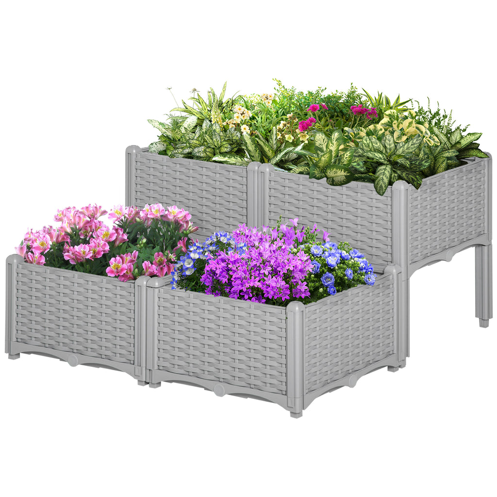 4 Piece Raised Garden Bed PP Raised Flower Bed Vegetable Herb Grow Box Stand Brown