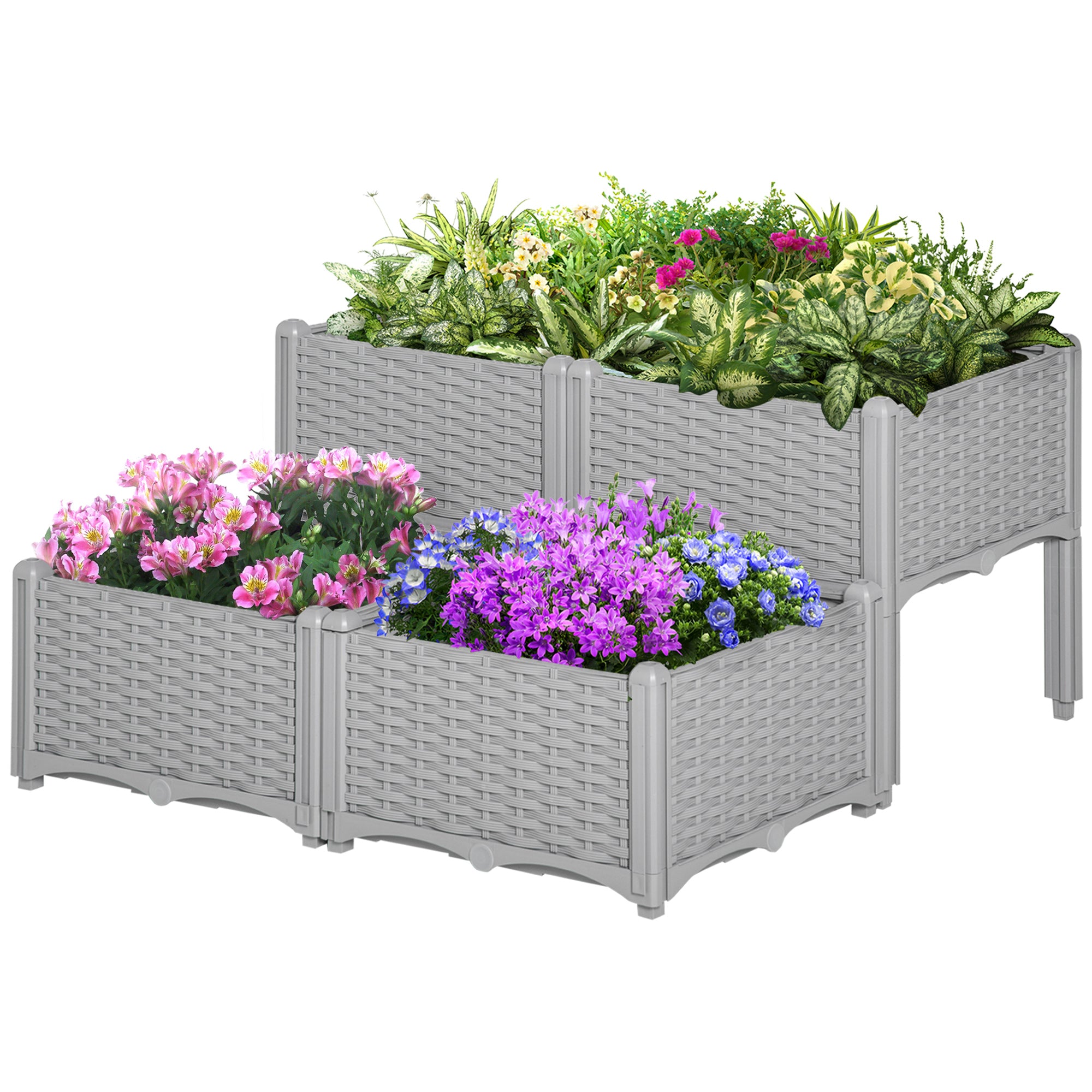 4 Piece Raised Garden Bed PP Raised Flower Bed Vegetable Herb Grow Box Stand Brown