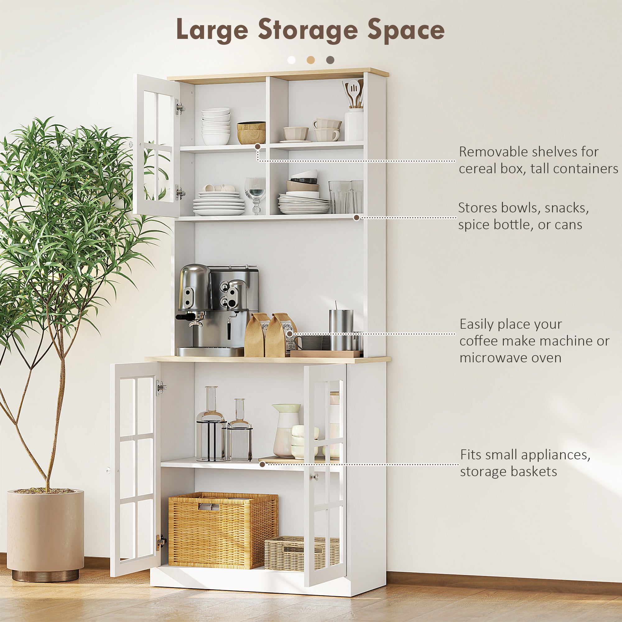 Kitchen Buffet with Hutch, Storage Pantry with 3 Cabinets, 2 Open Shelves and Large Countertop, Black