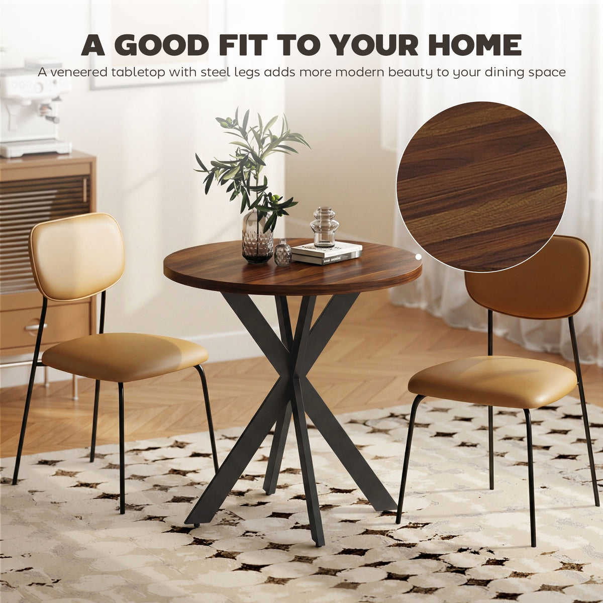 29" Dining Table, Contemporary Round Kitchen Table with Steel Legs, Brown