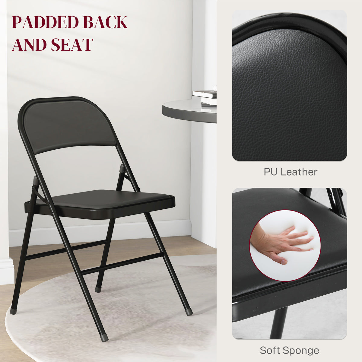 Set of 4 Metal Foldable Chairs, PU Leather Padded Folding Chairs with Cushion Seat and Open Back for Indoor, White