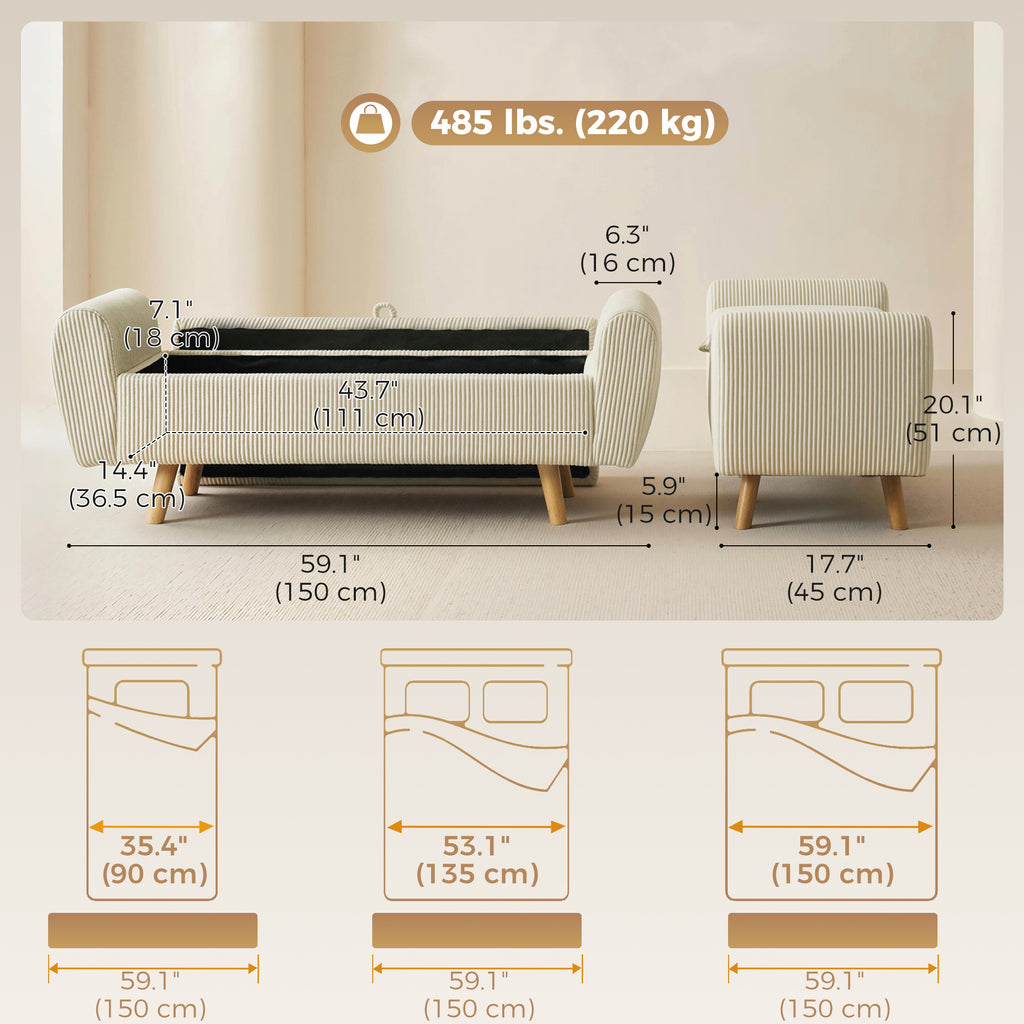 Storage Ottoman, 59" Corduroy End of Bed Storage Bench for King Size Bed with Wooden Legs and Rolled Arms, Beige