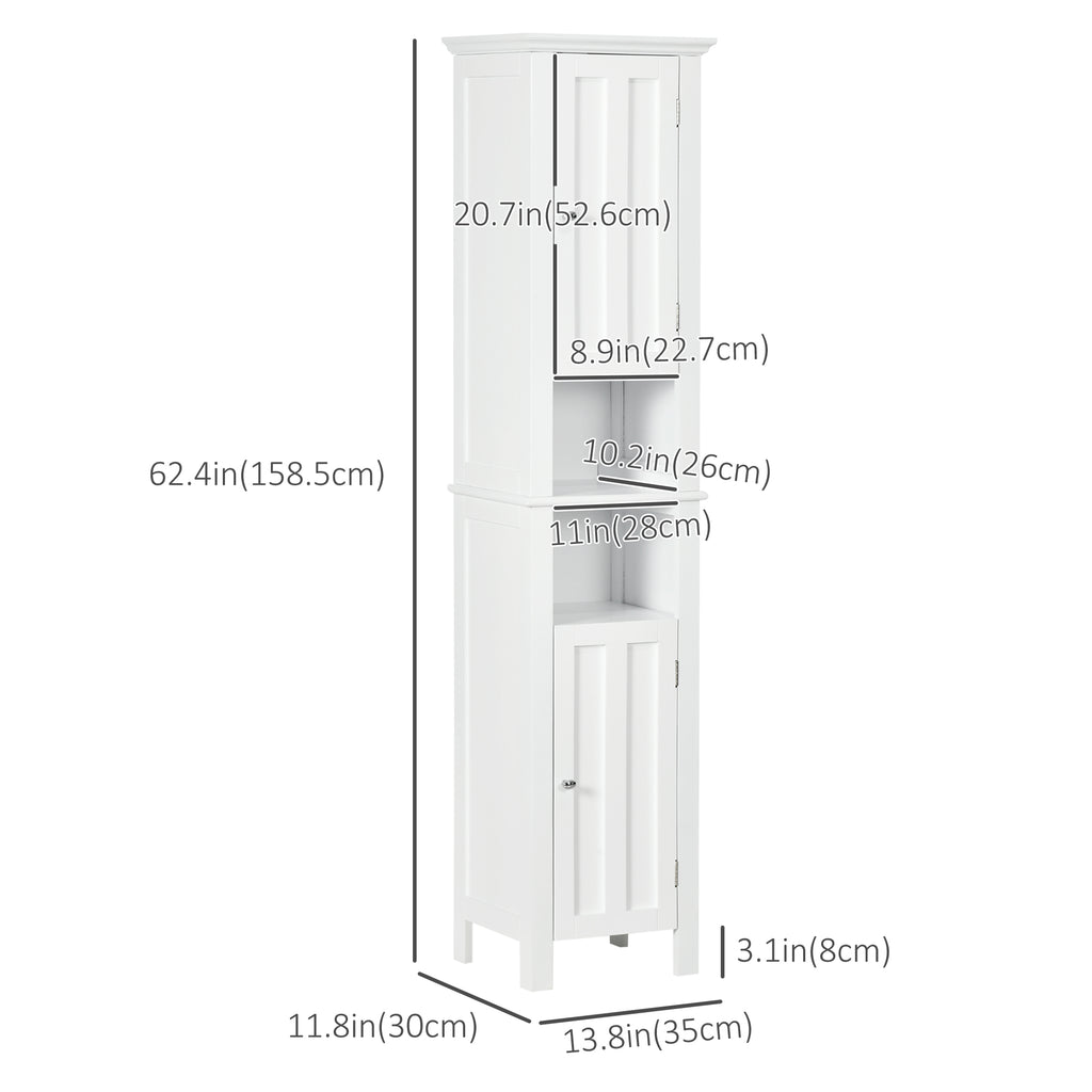 Bathroom Cabinet, Freestanding Linen Cabinet with Open Shelves, 13.8" x 11.8" x 62.4", White