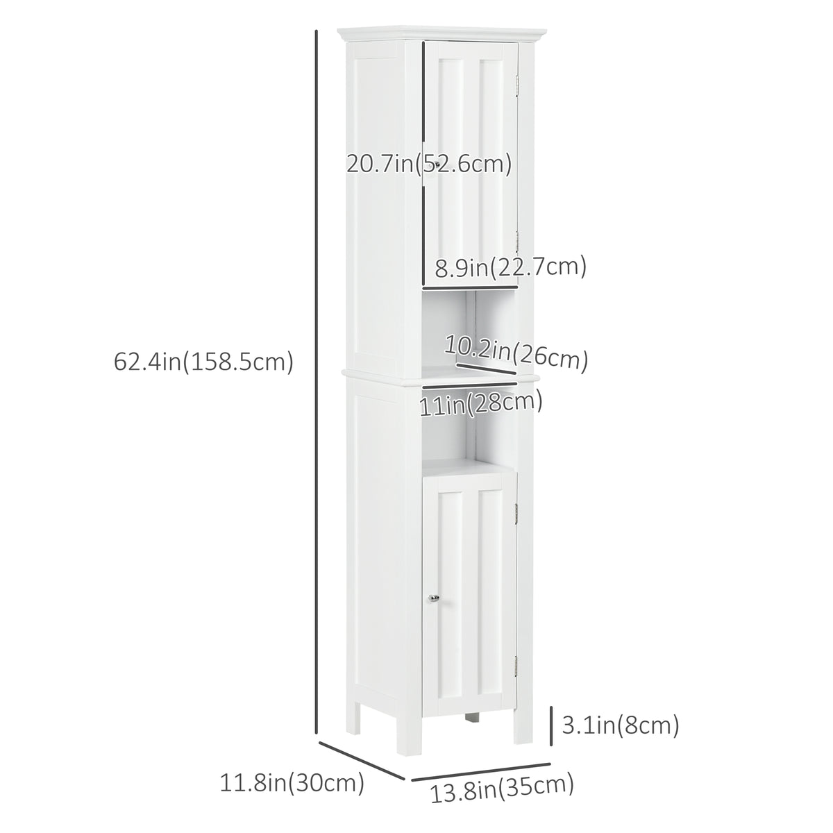 Bathroom Cabinet, Freestanding Linen Cabinet with Open Shelves, 13.8" x 11.8" x 62.4", White