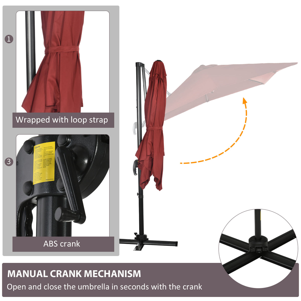 8' x 8' Square Patio Hanging Offset Umbrella with 360° Rotation, Aluminum Outdoor Cantilever Parasol with Crank & Tilt, Sun Canopy Shelter with Cross Base, Wine Red