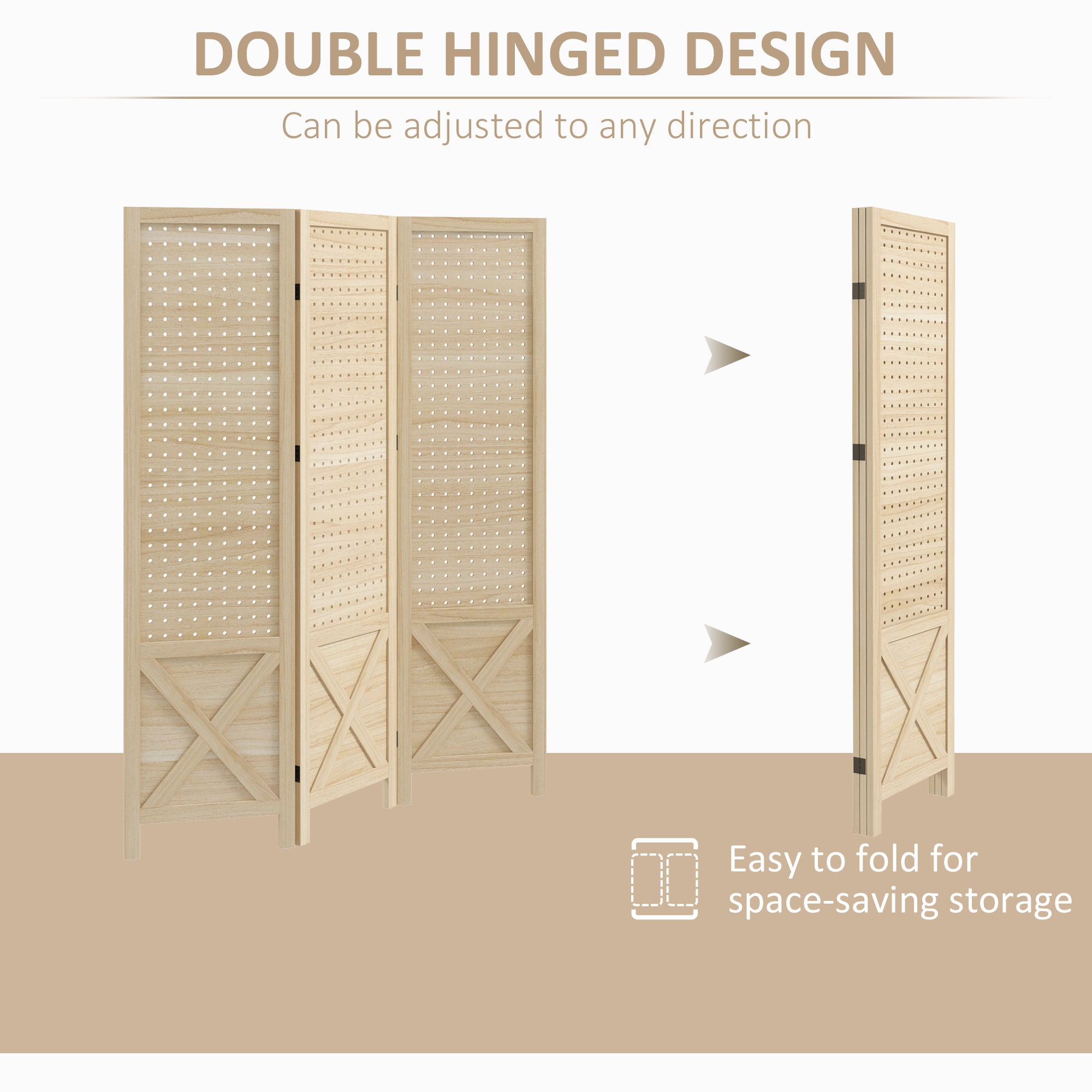 4.7' 4 Panel Wooden Room Divider with Pegboard Display, Folding Privacy Screen for Home Office, Natural