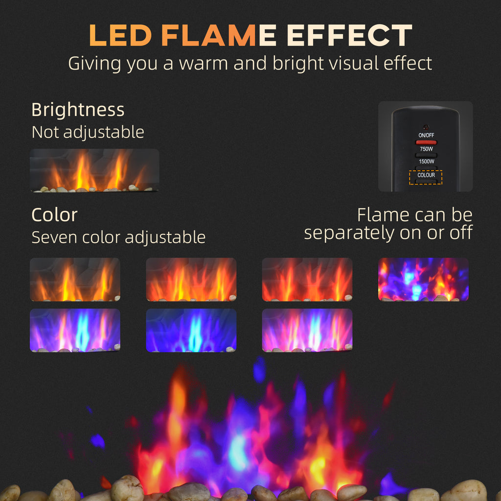 مدفأة مثبتة على الحائط، مدفأة كهربائية عصرية بطول 28.5 بوصة مع تأثير لهب LED مُسجَّل ببراءة اختراع و7 ألوان، أسود