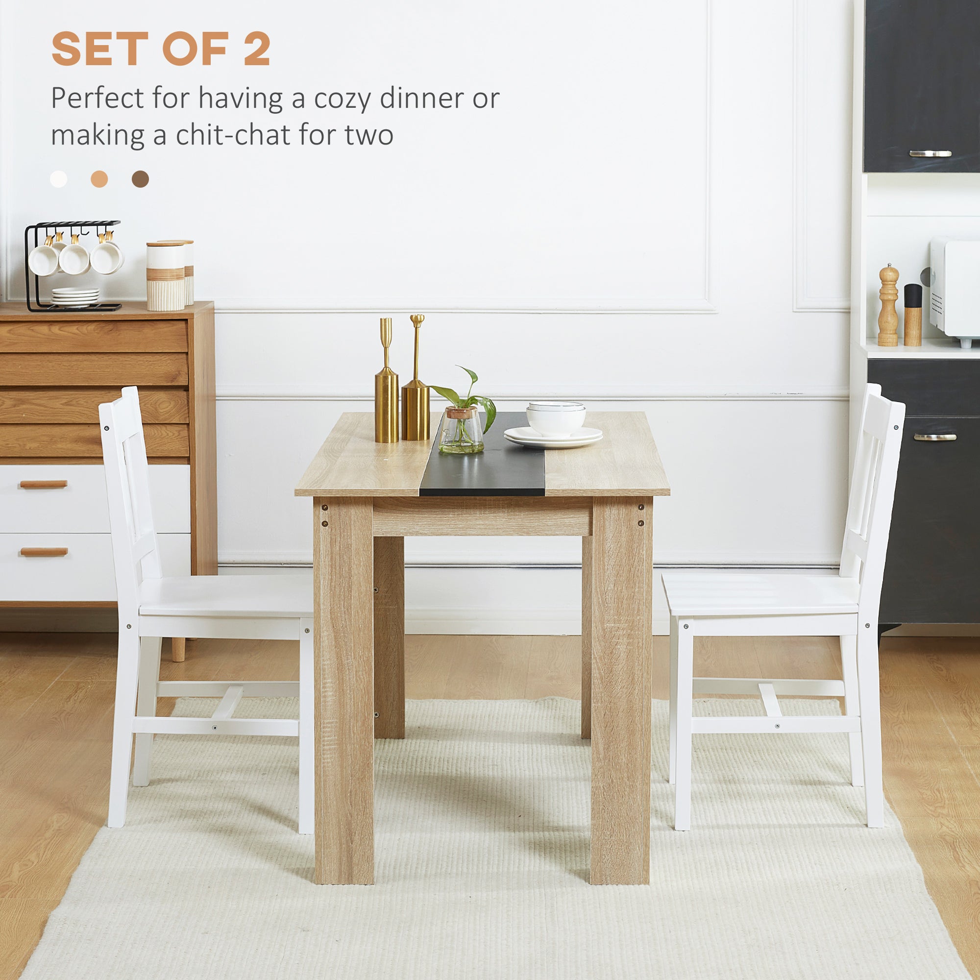 Dining Chairs Set of 2, Kitchen Chair with Slat Back, Pine Wood Structure for Living Room and Dining Room, White