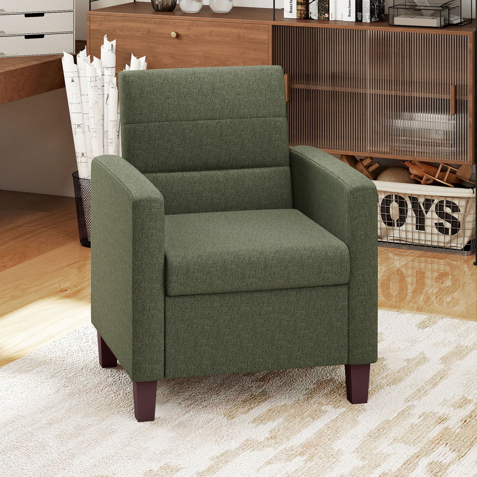 Fabric Accent Chair, Modern Armchair with Seat Cushion and Non-Slip Pads for Living Room, Bedroom, Dark Green