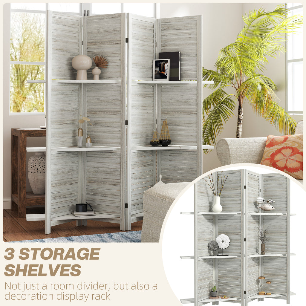 4-Panel Wall Partition Room Separator with 3 Storage Shelves Foldable Design Wooden Frame 5.6FT Distressed White