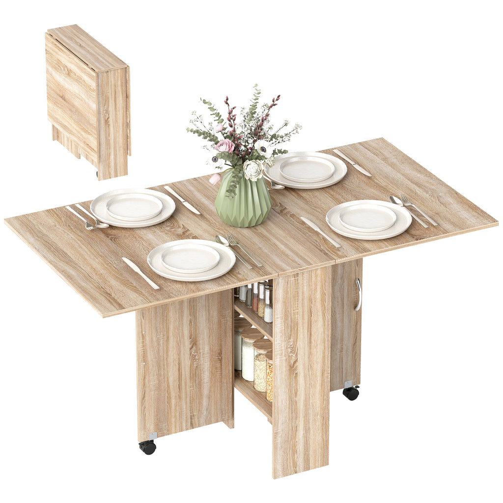 Extendable Dining Table, Collapsible Folding Table w/ 2-tier Shelves and Rolling Casters, Nature Wood