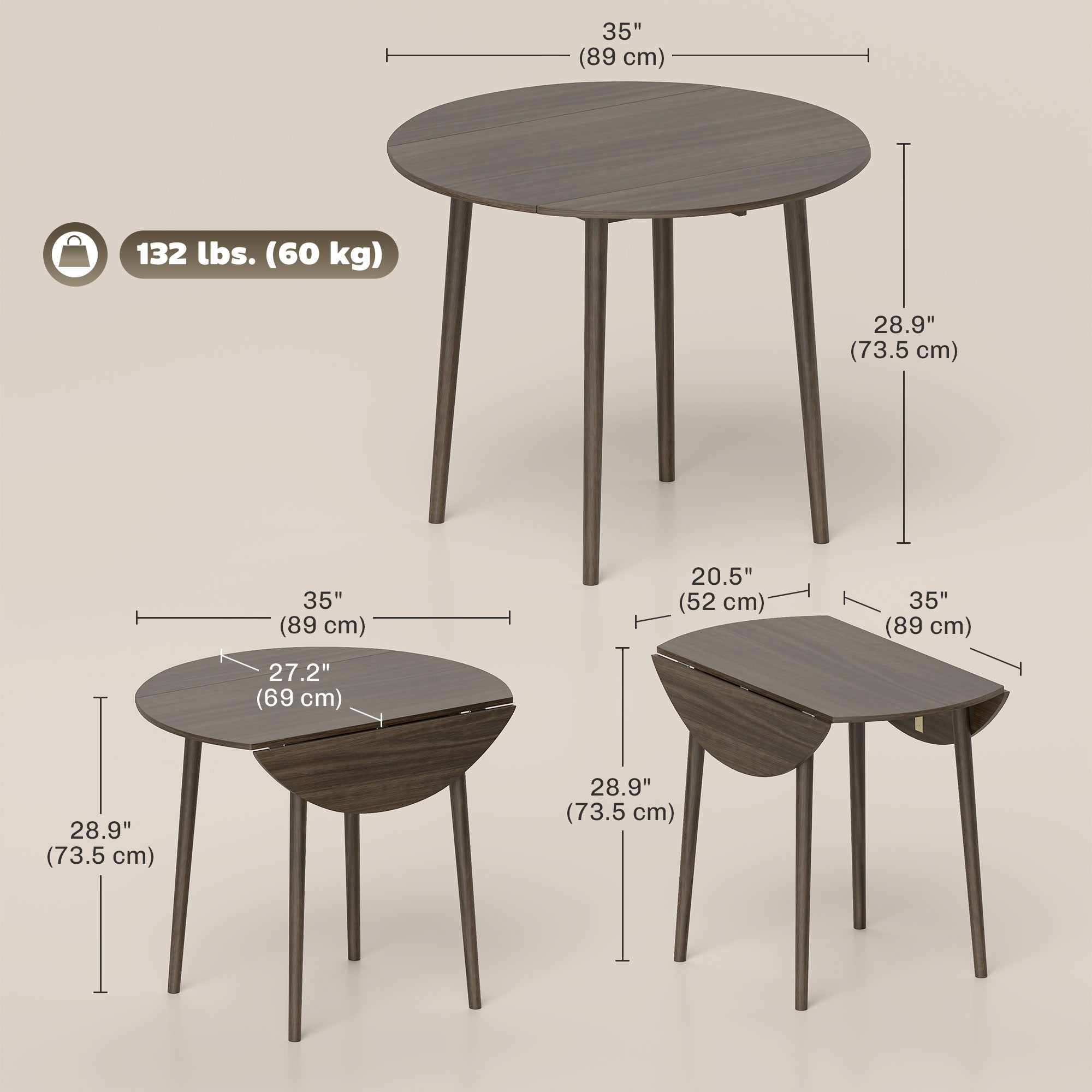 Folding Dining Table, Round Drop Leaf Kitchen Table for Small Spaces with Wood Legs, Distressed White