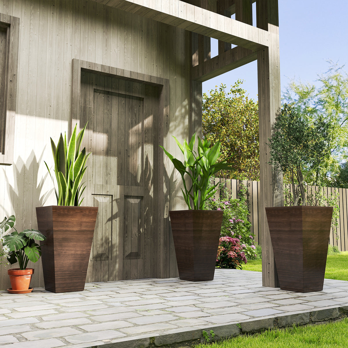 Tall Planter for Outdoor Plants Set of 3, 28 Inch Taper Planter with Drainage Holes, Brown