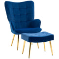 Modern Accent Chair with Ottoman, Upholstered Armchair with Footrest, Gold Metal Legs for Living Room, Bedroom, Dark Blue