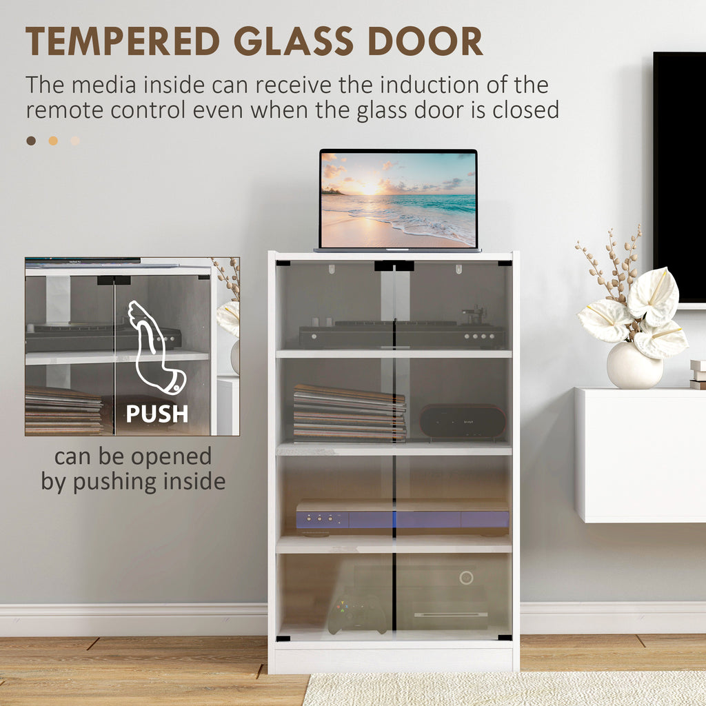 5-Tier Media Cabinet, Media Stand with Adjustable Shelves, Tempered Glass Doors, and Cable Management, Distressed White