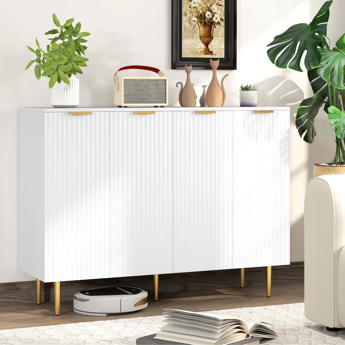 Modern Kitchen Storage Cabinet, Sideboard Buffet Cabinet with Adjustable Shelves for Kitchen Hallway, White