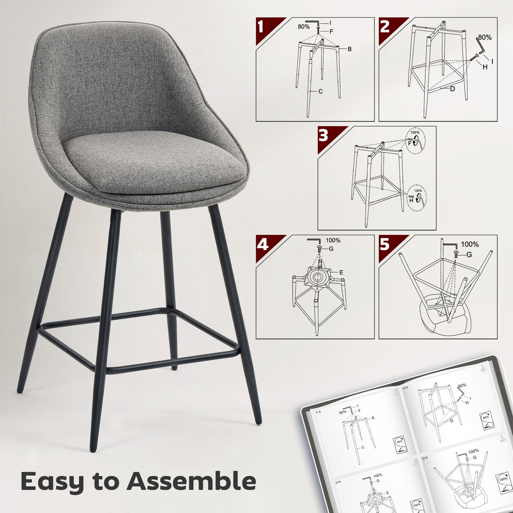 26" ቁመት ባር መንበር ስብስብ 2፣ በጨርቂ ዝተሸፈነ ዞራዊ ባር መንበር ምስ ድሕሪ ዘውግን ኣእዳው ዘውግን፣ ጸሊም ግራጫ