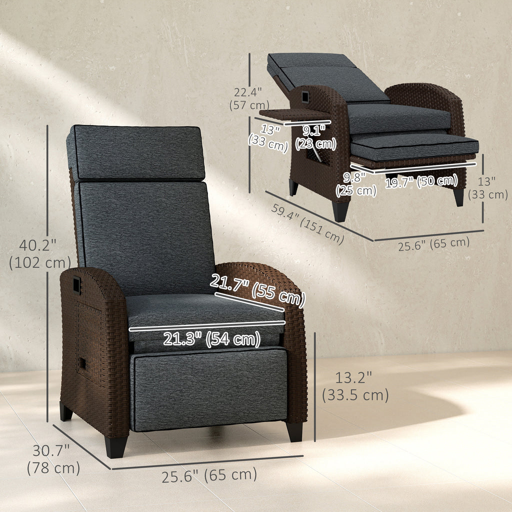 Outdoor Recliner Chair with Adjustable Backrest, Cushion, Side Tray, Dark Grey
