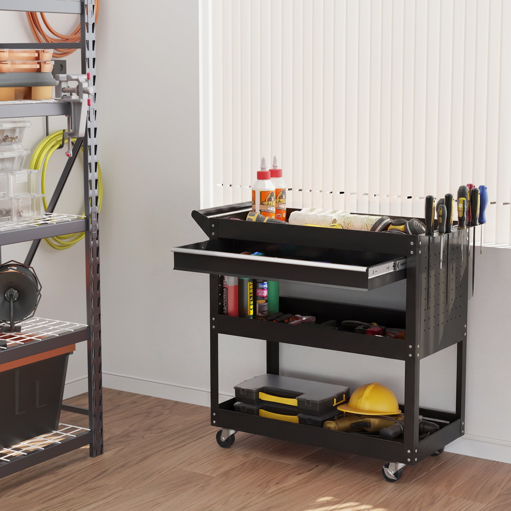 Tool Cart on Wheels, Utility Cart with Wheels, Ball Bearing Drawer, Storage Trays for Garage, Warehouse, Black