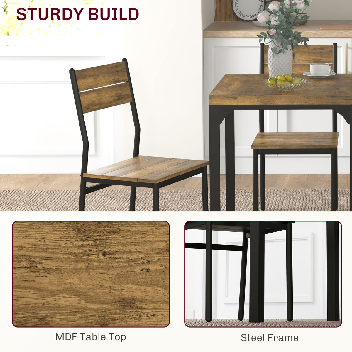 Dining Table Set for 2, 3 Piece Kitchen Table and Chairs with Metal Legs for Small Spaces, Rustic Brown