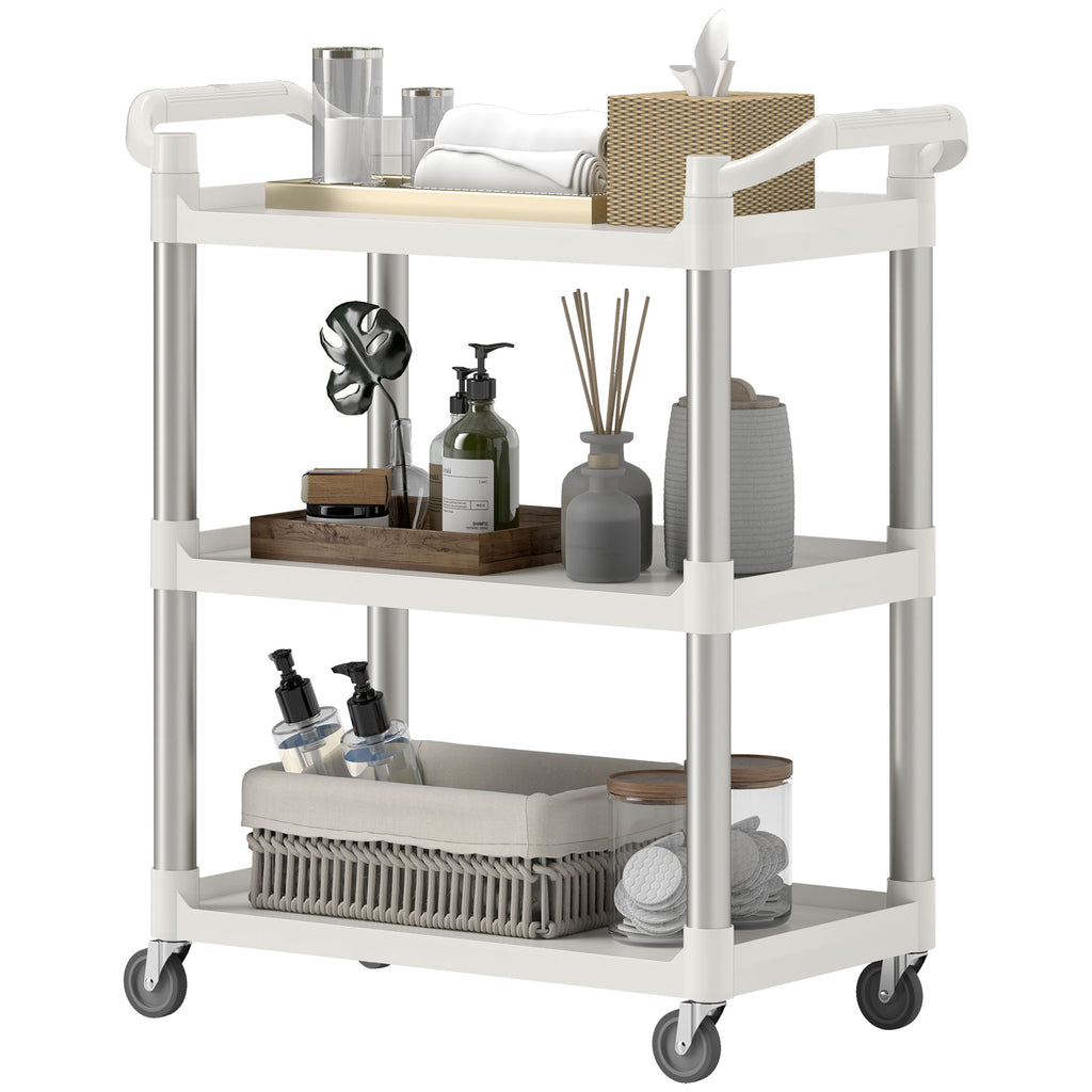 3-Tier Utility Cart Rolling Storage Trolley with 3 Shelves, Silver and White
