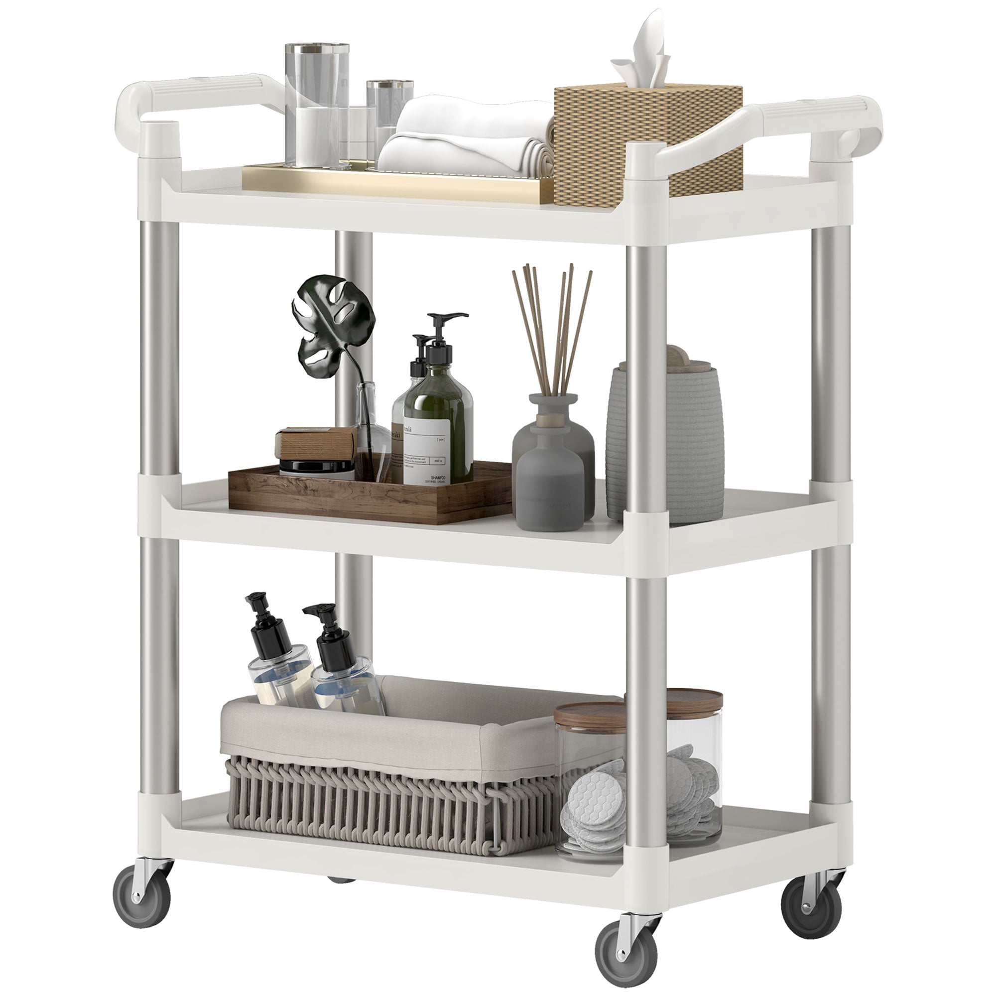 3-Tier Utility Cart Rolling Storage Trolley with 3 Shelves, Silver and White