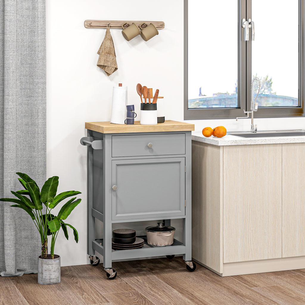Kitchen Cart on Wheels, Rolling Kitchen Island Cart with Wood Top, Towel Rack, Drawer and Shelf for Dining Area, White