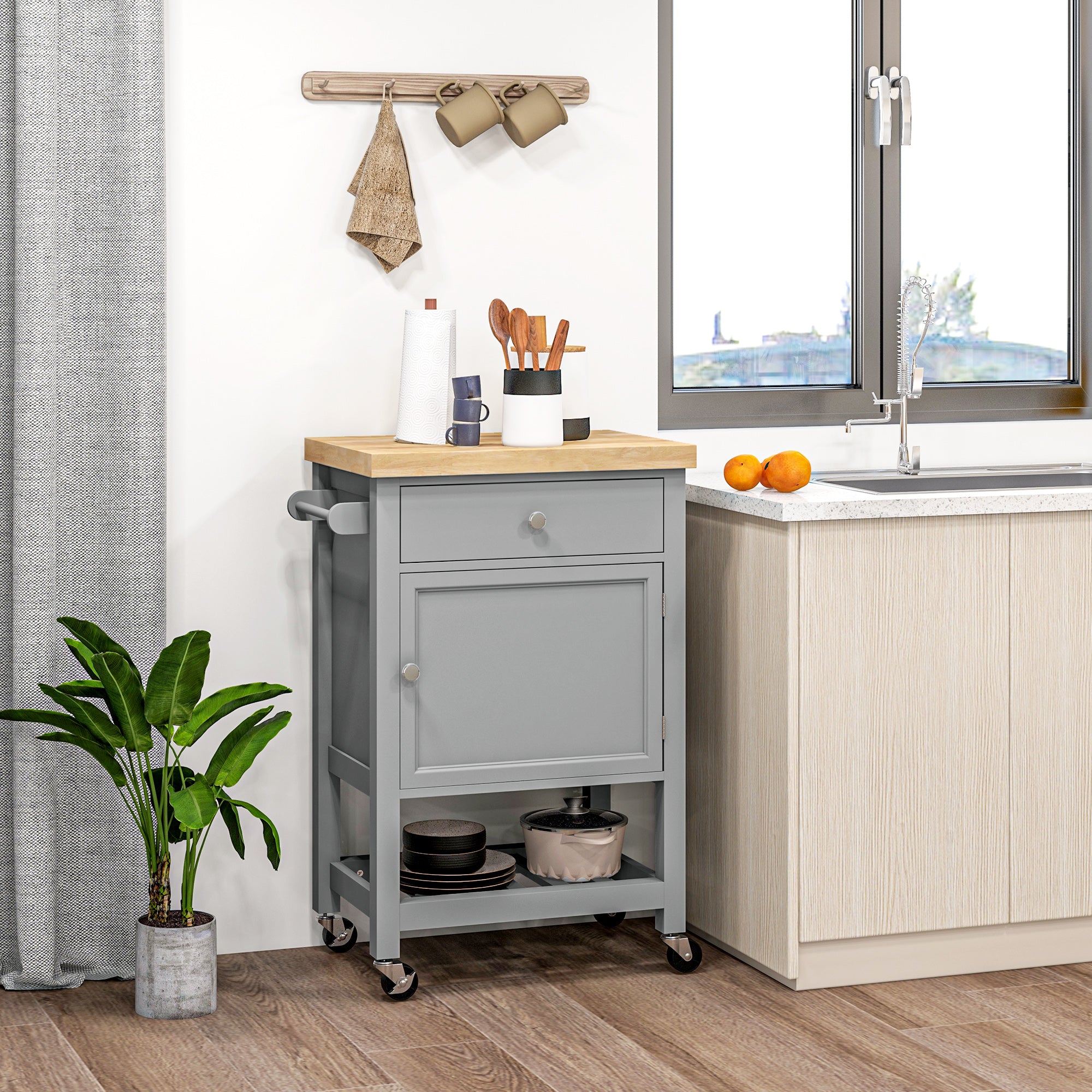 Kitchen Cart on Wheels, Rolling Kitchen Island Cart with Wood Top, Towel Rack, Drawer and Shelf for Dining Area, White