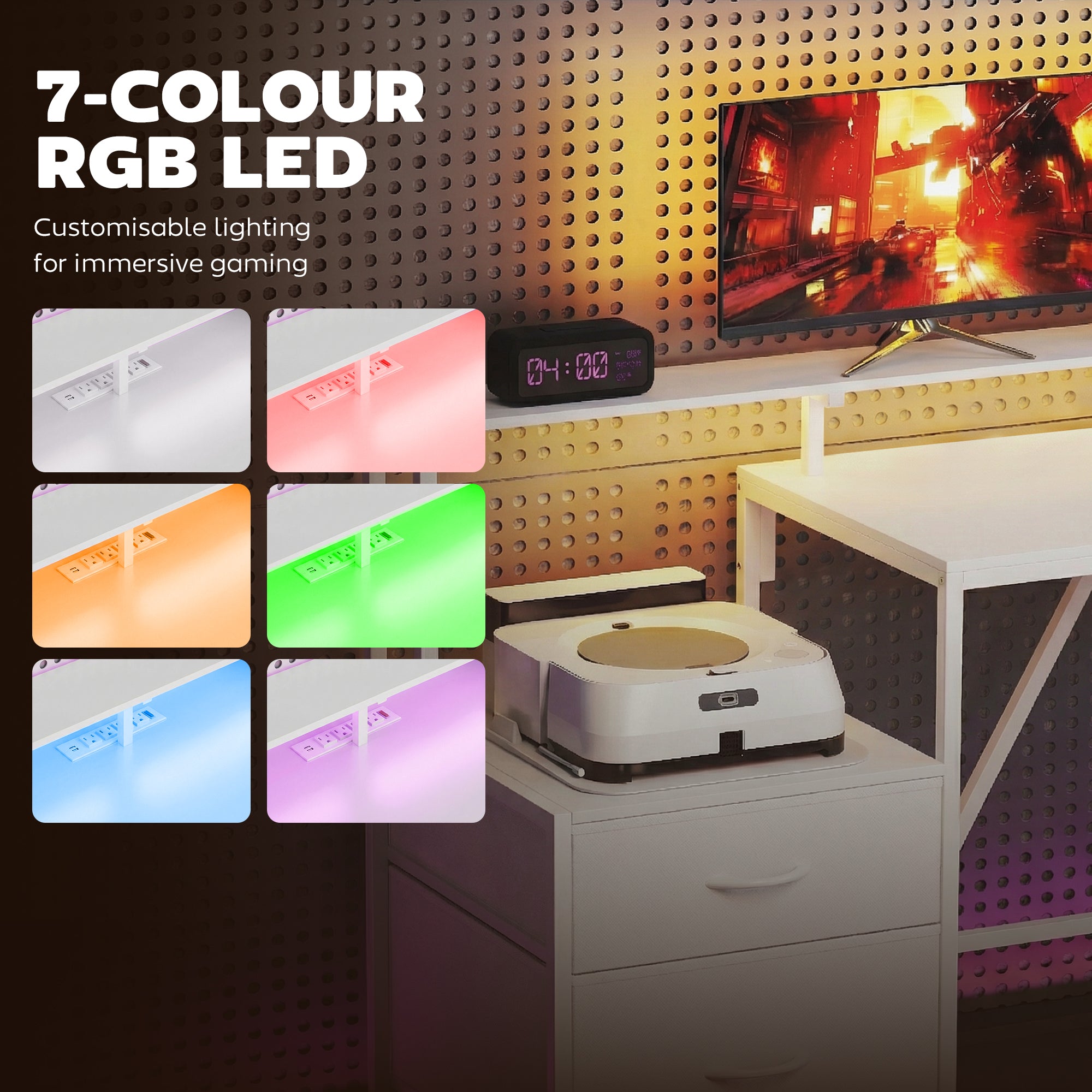 76" Gaming Desk, Reversible Computer Table with RGB Lights, USB Ports, Monitor Stand and 2 Fabric Drawers, White
