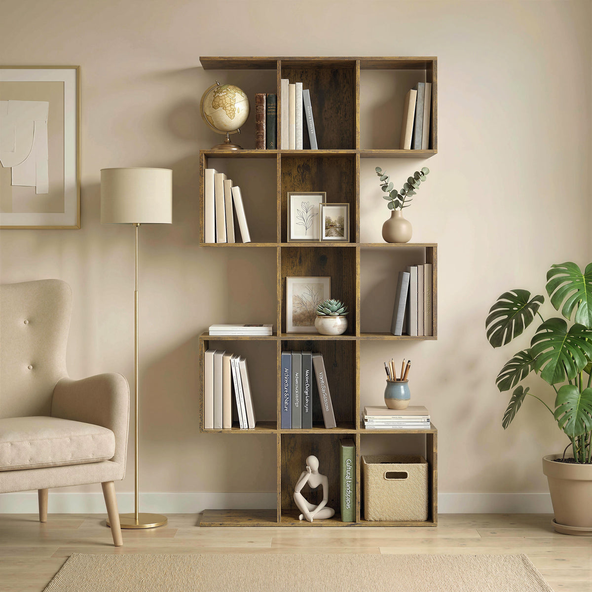 5-Tier Bookshelf, S Shaped Geometric Bookcase with 15 Compartments, Rustic Brown