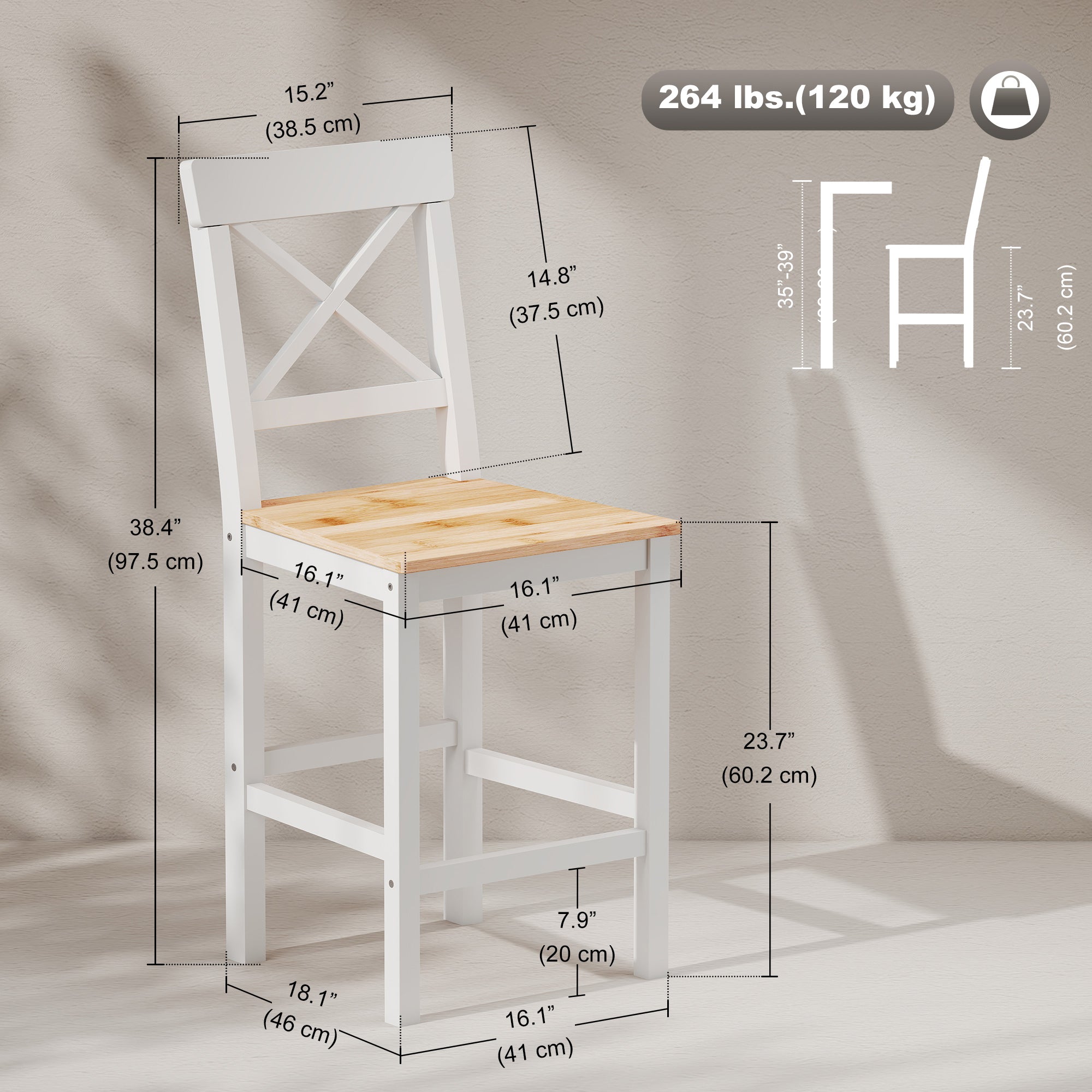 Counter Height Stools Set of 2, Farmhouse Bar Stools with Backs, Solid Wood Counter Stools for Kitchen Island