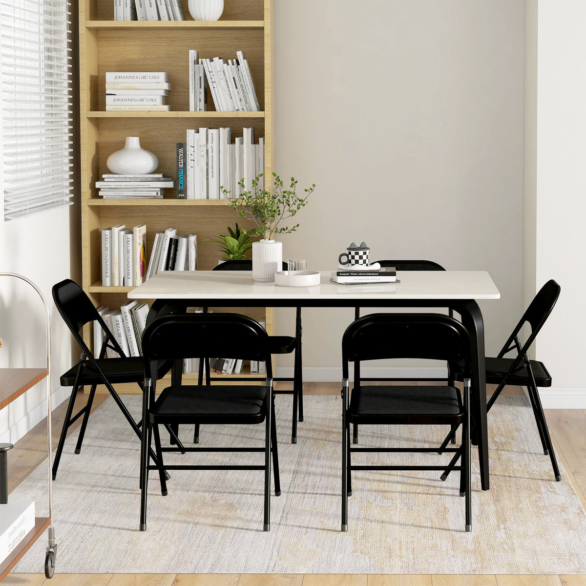 Set of 6 Metal Foldable Chairs, Faux Linen Padded Folding Chairs with Cushion Seat and Open Back for Indoor, Black