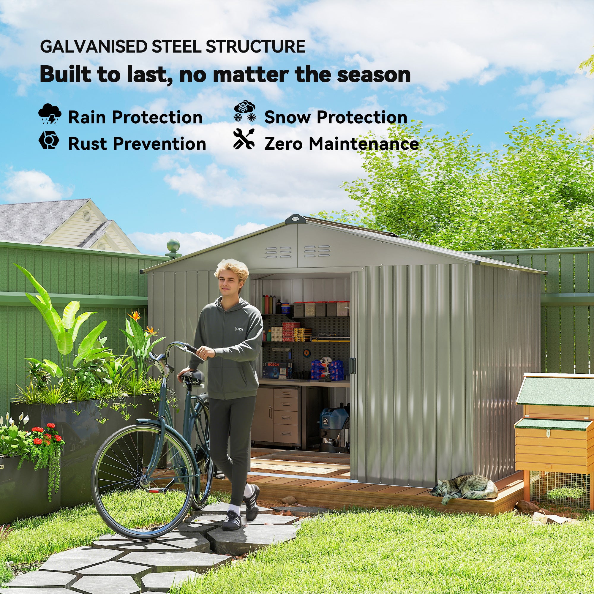 9.1' x 6.4' x 6.3' Garden Storage Shed w/ Foundation Kit Metal Tool Storage House w/ Double Doors Green